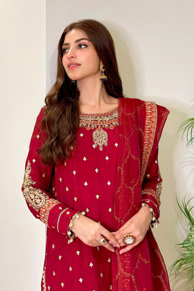 Maria B | RTW | 3 Piece Embroidered Raw Silk Suit-Brand:Maria B-Type:Luxury Formals-Maroon - House of Maryam- Buy in UK, USA