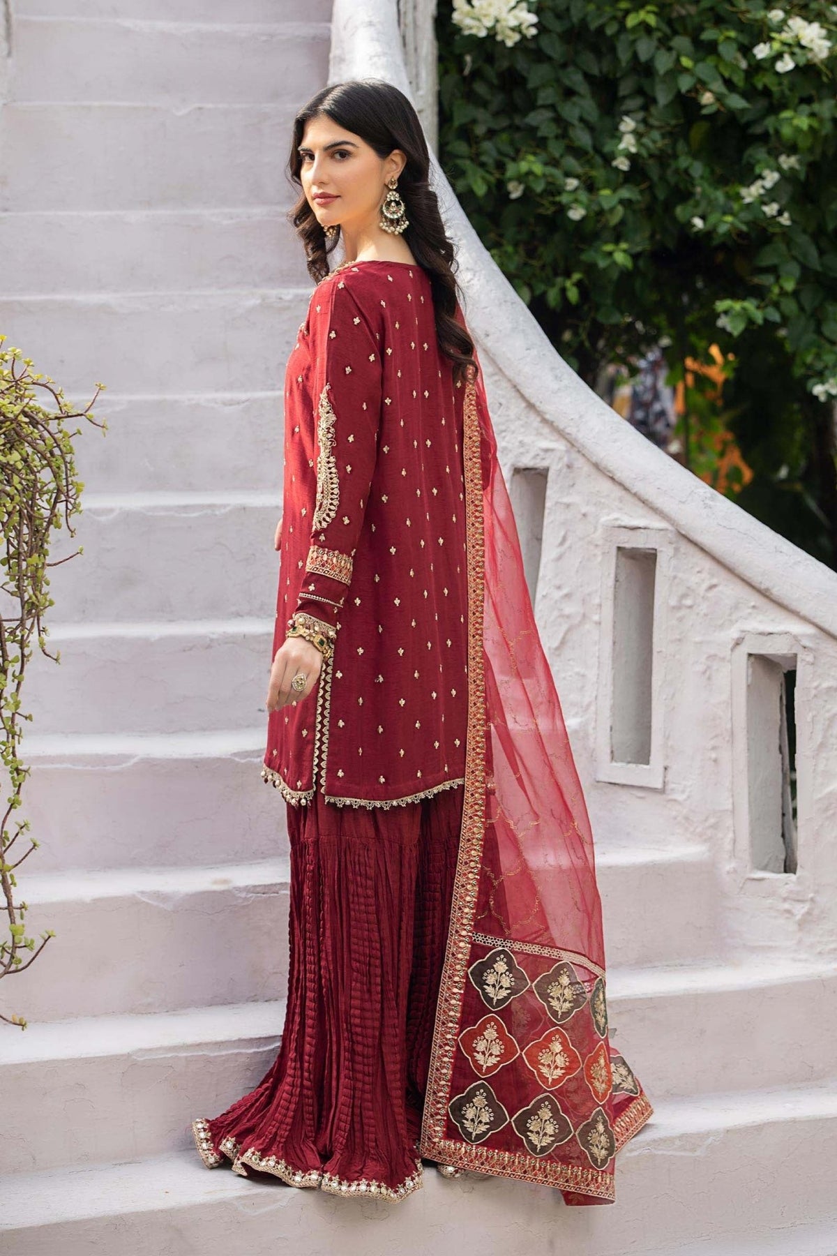 Maria B | RTW | 3 Piece Embroidered Raw Silk Suit-Brand:Maria B-Type:Luxury Formals-Maroon - House of Maryam- Buy in UK, USA