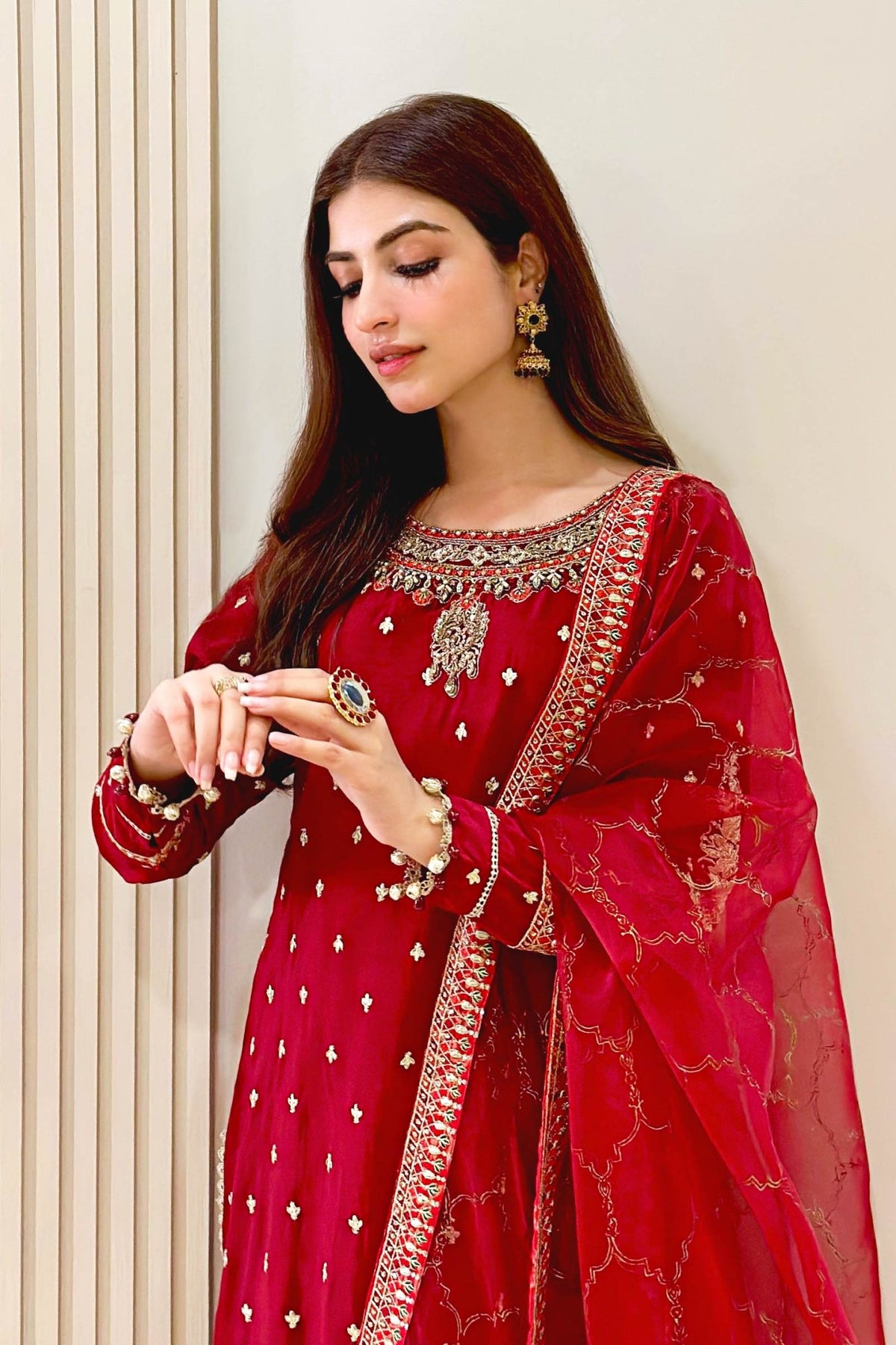 Maria B | RTW | 3 Piece Embroidered Raw Silk Suit-Brand:Maria B-Type:Luxury Formals-Maroon - House of Maryam- Buy in UK, USA