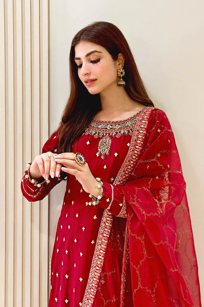Maria B | RTW | 3 Piece Embroidered Raw Silk Suit-Brand:Maria B-Type:Luxury Formals-Maroon - House of Maryam- Buy in UK, USA