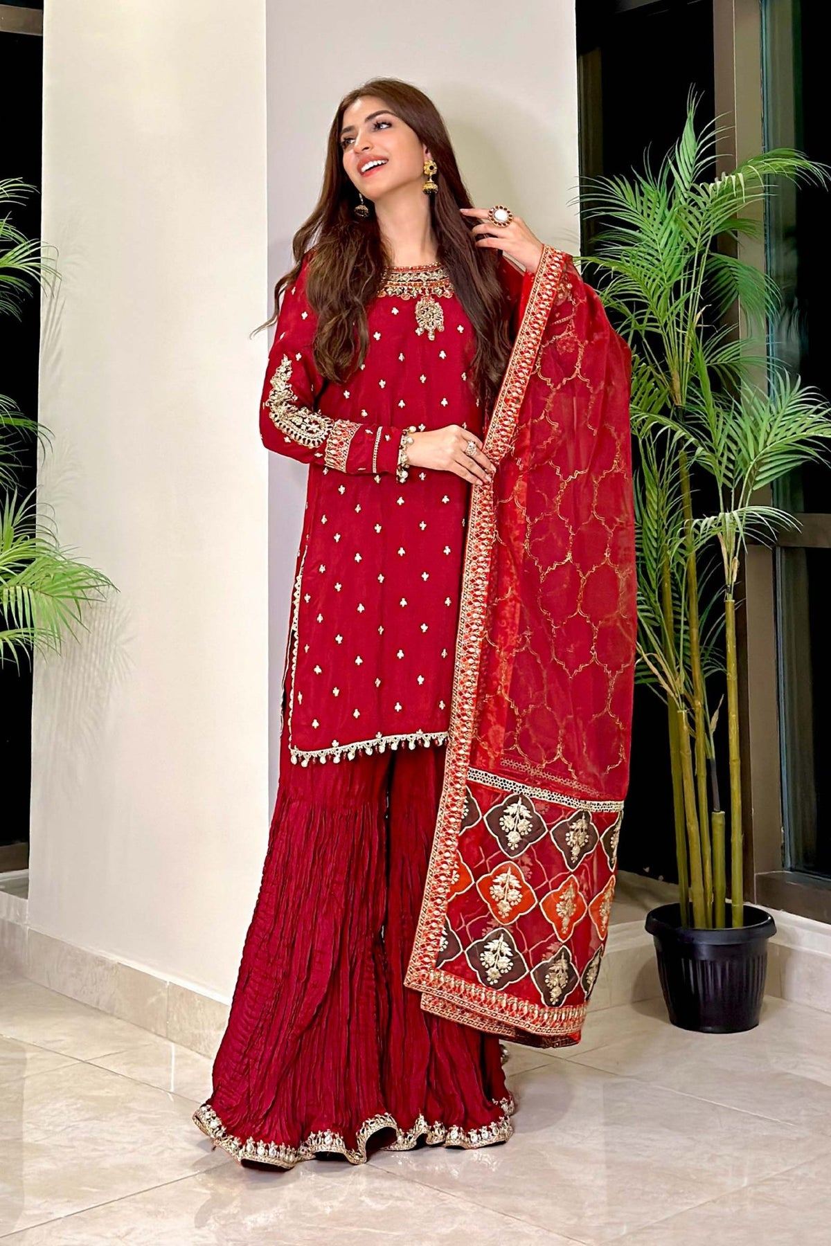 Maria B | RTW | 3 Piece Embroidered Raw Silk Suit-Brand:Maria B-Type:Luxury Formals-Maroon - House of Maryam- Buy in UK, USA