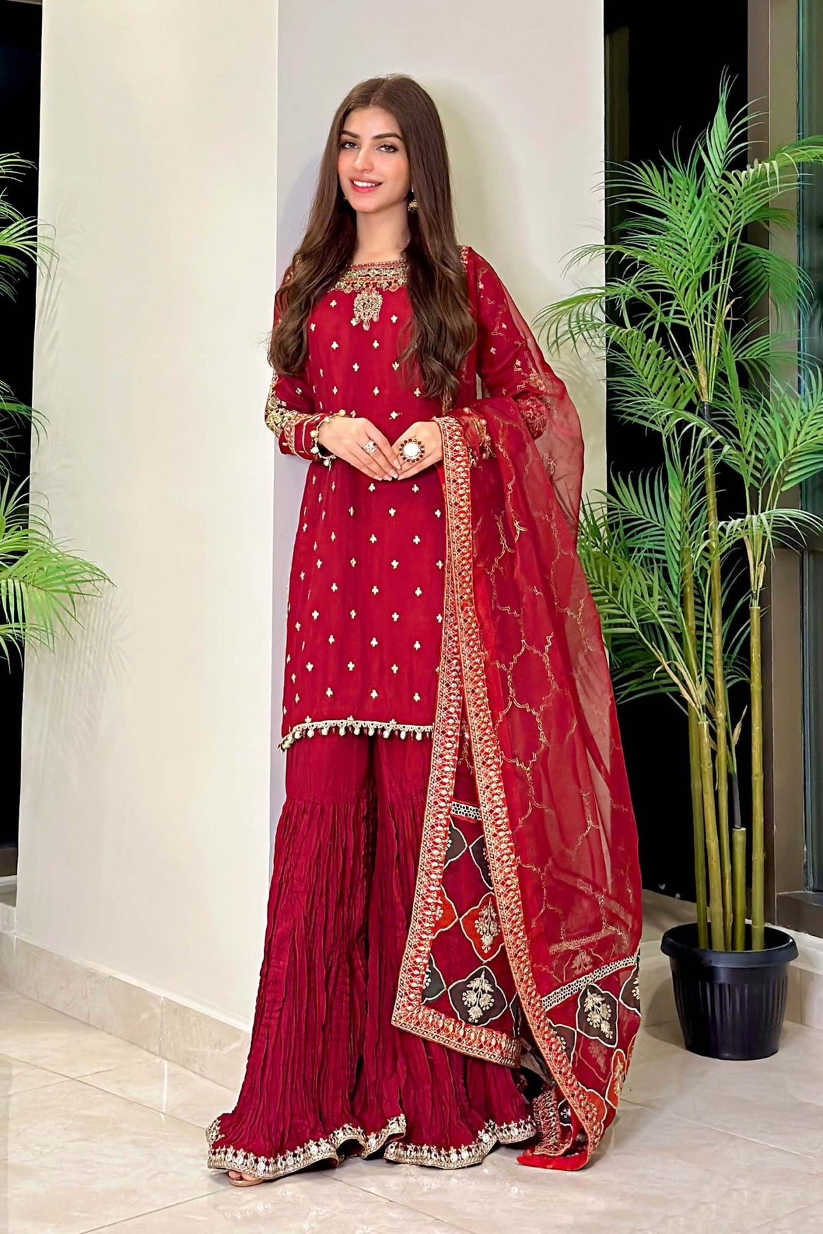 Maria B | RTW | 3 Piece Embroidered Raw Silk Suit-Brand:Maria B-Type:Luxury Formals-Maroon - House of Maryam- Buy in UK, USA