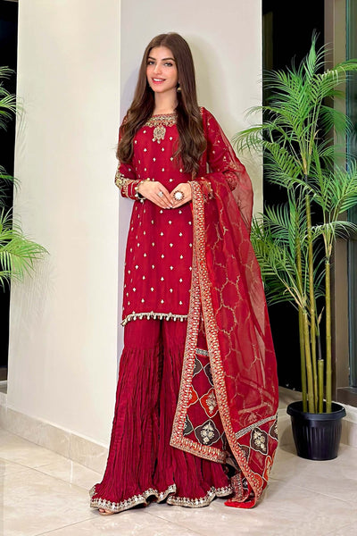 Maria B | RTW | 3 Piece Embroidered Raw Silk Suit-Brand:Maria B-Type:Luxury Formals-Maroon - House of Maryam- Buy in UK, USA