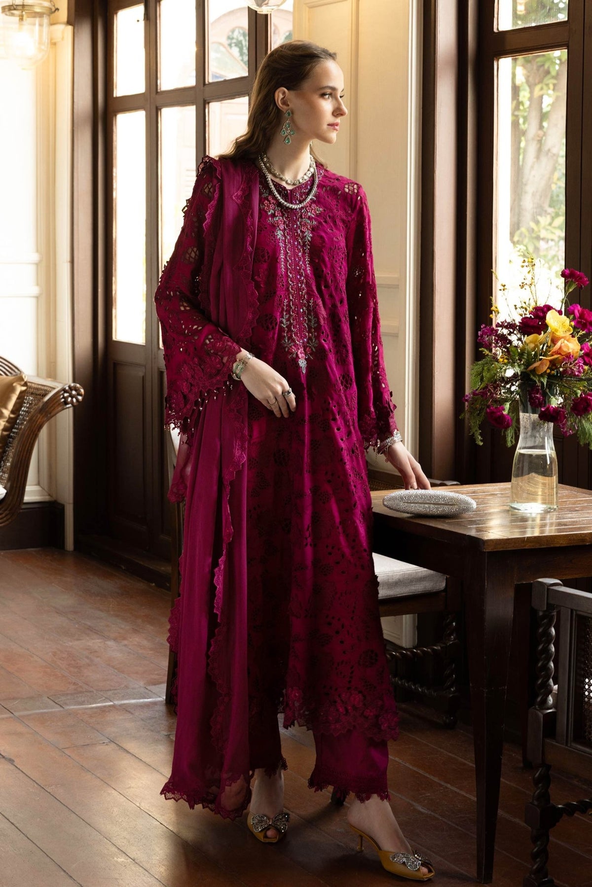 Maria B | RTW | 3 Piece Embroidered Raw Silk Suit-Brand:Maria B-Type:Luxury Formals-Maroon - House of Maryam- Buy in UK, USA