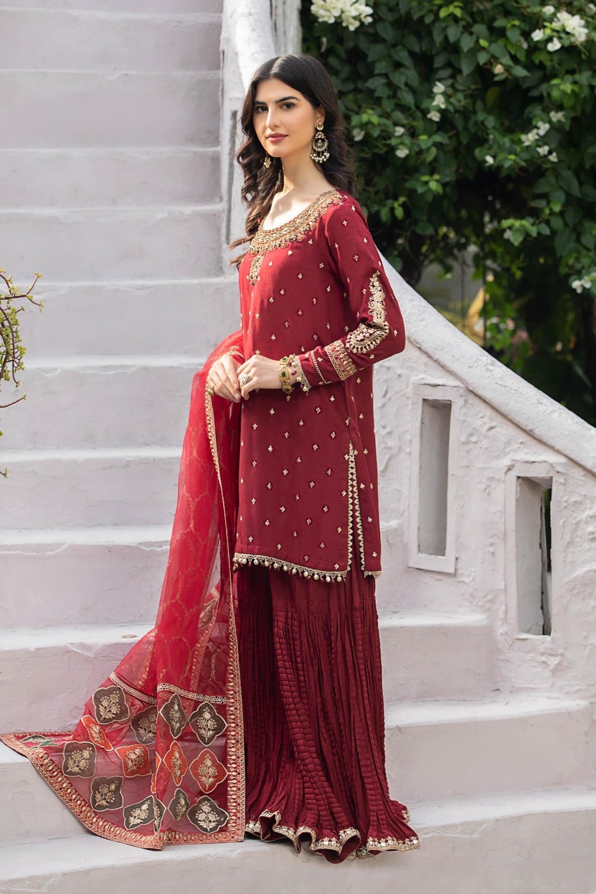 Maria B | RTW | 3 Piece Embroidered Raw Silk Suit-Brand:Maria B-Type:Luxury Formals-Maroon - House of Maryam- Buy in UK, USA
