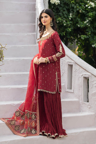 Maria B | RTW | 3 Piece Embroidered Raw Silk Suit-Brand:Maria B-Type:Luxury Formals-Maroon - House of Maryam- Buy in UK, USA