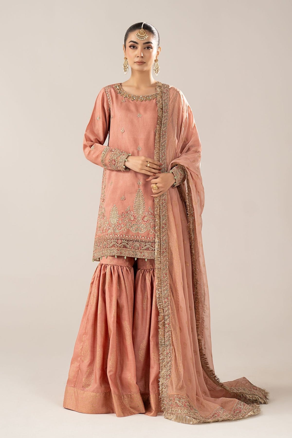 Maria B | RTW | 3 Piece Embroidered Raw Silk Suit-Brand:Maria B-Type:Luxury Formals-Pink - House of Maryam- Buy in UK, USA