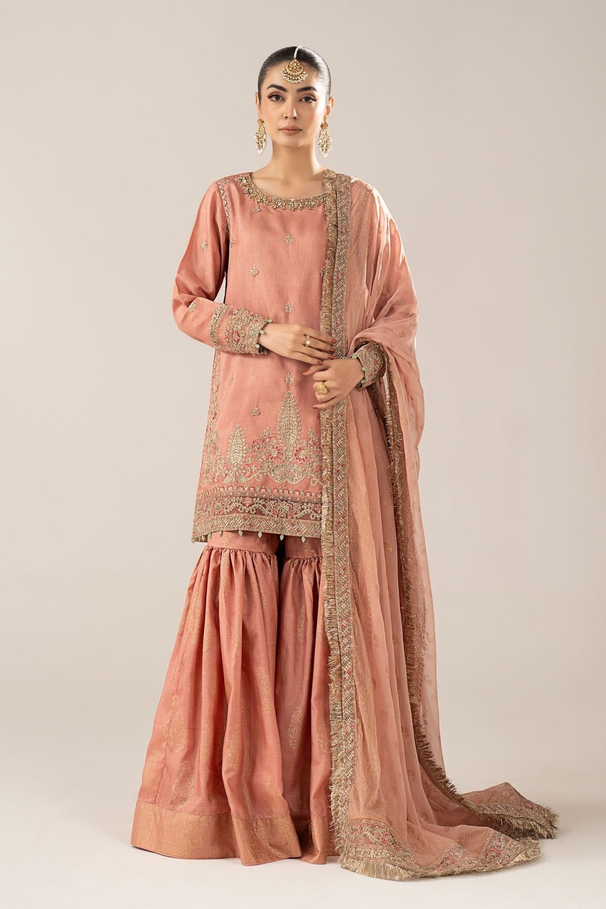 Maria B | RTW | 3 Piece Embroidered Raw Silk Suit-Brand:Maria B-Type:Luxury Formals-Pink - House of Maryam- Buy in UK, USA