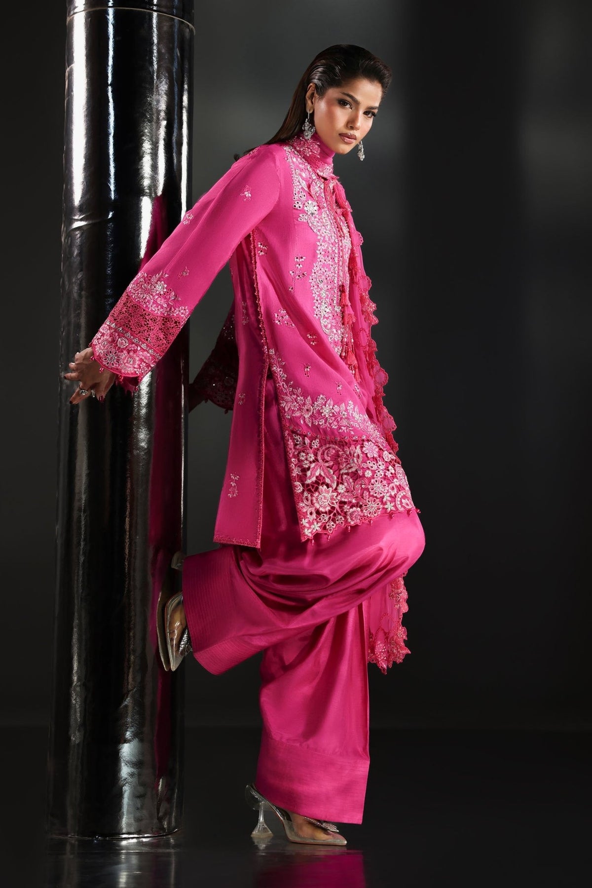 Maria B | RTW | 3 Piece Embroidered Raw Silk Suit-Brand:Maria B-Type:Luxury Formals-Pink - House of Maryam- Buy in UK, USA