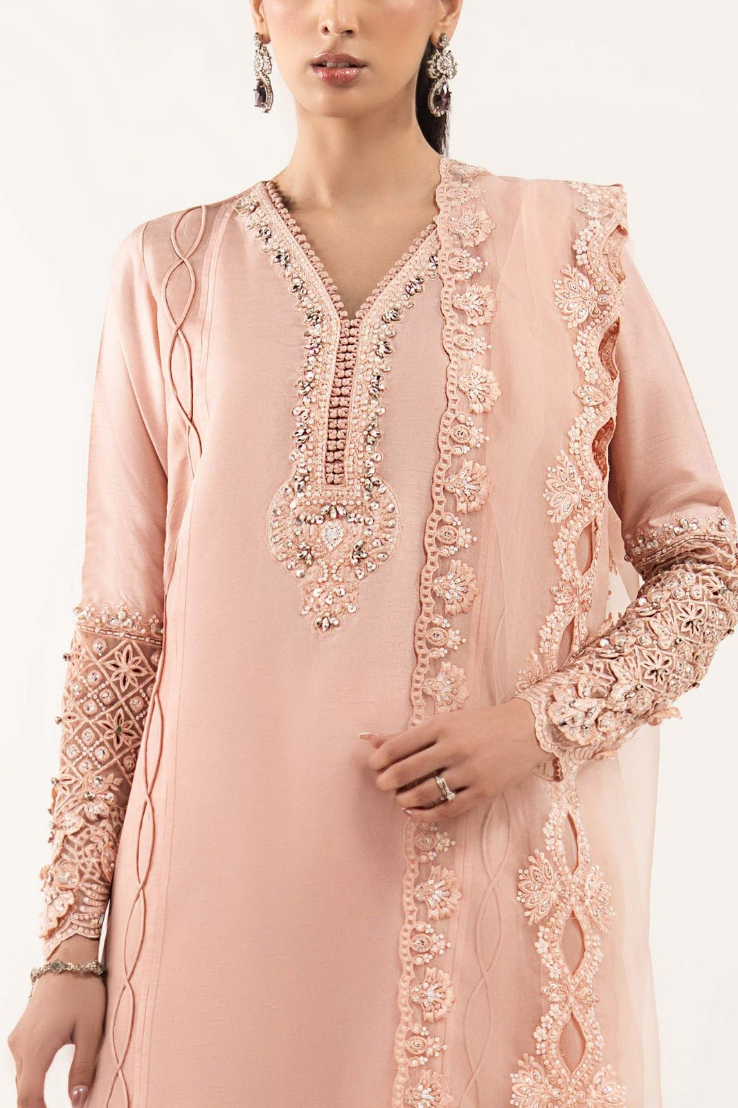 Maria B | RTW | 3 Piece Embroidered Raw Silk Suit-Brand:Maria B-Type:Luxury Formals-Pink - House of Maryam- Buy in UK, USA