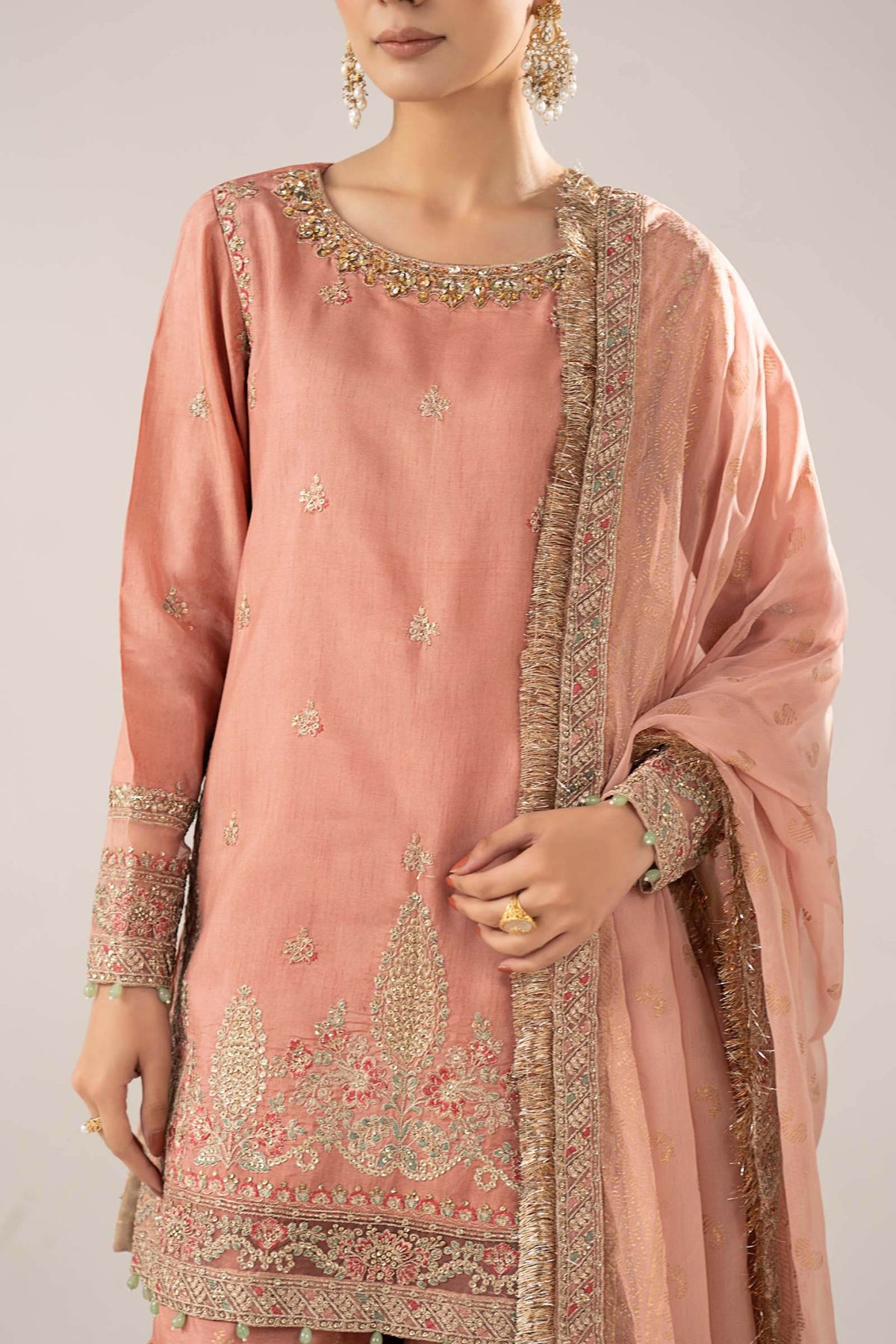 Maria B | RTW | 3 Piece Embroidered Raw Silk Suit-Brand:Maria B-Type:Luxury Formals-Pink - House of Maryam- Buy in UK, USA