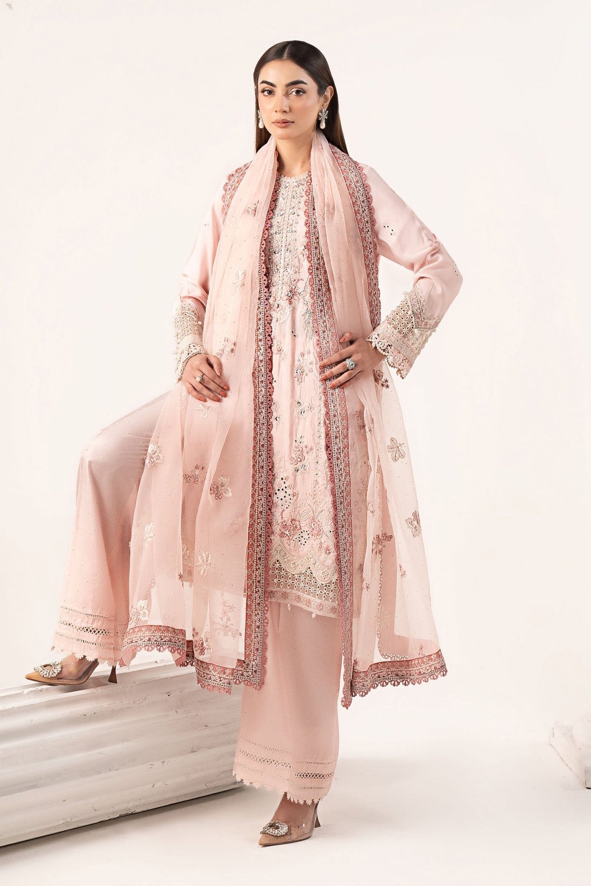 Maria B | RTW | 3 Piece Embroidered Raw Silk Suit-Brand:Maria B-Type:Luxury Formals-Pink - House of Maryam- Buy in UK, USA