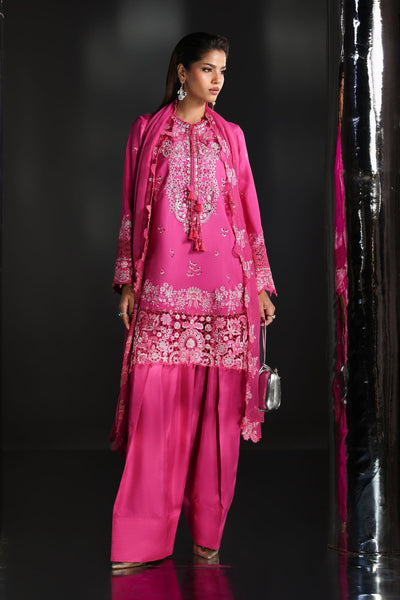 Maria B | RTW | 3 Piece Embroidered Raw Silk Suit-Brand:Maria B-Type:Luxury Formals-Pink - House of Maryam- Buy in UK, USA