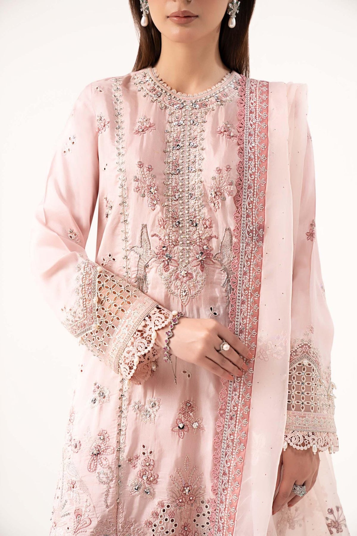Maria B | RTW | 3 Piece Embroidered Raw Silk Suit-Brand:Maria B-Type:Luxury Formals-Pink - House of Maryam- Buy in UK, USA