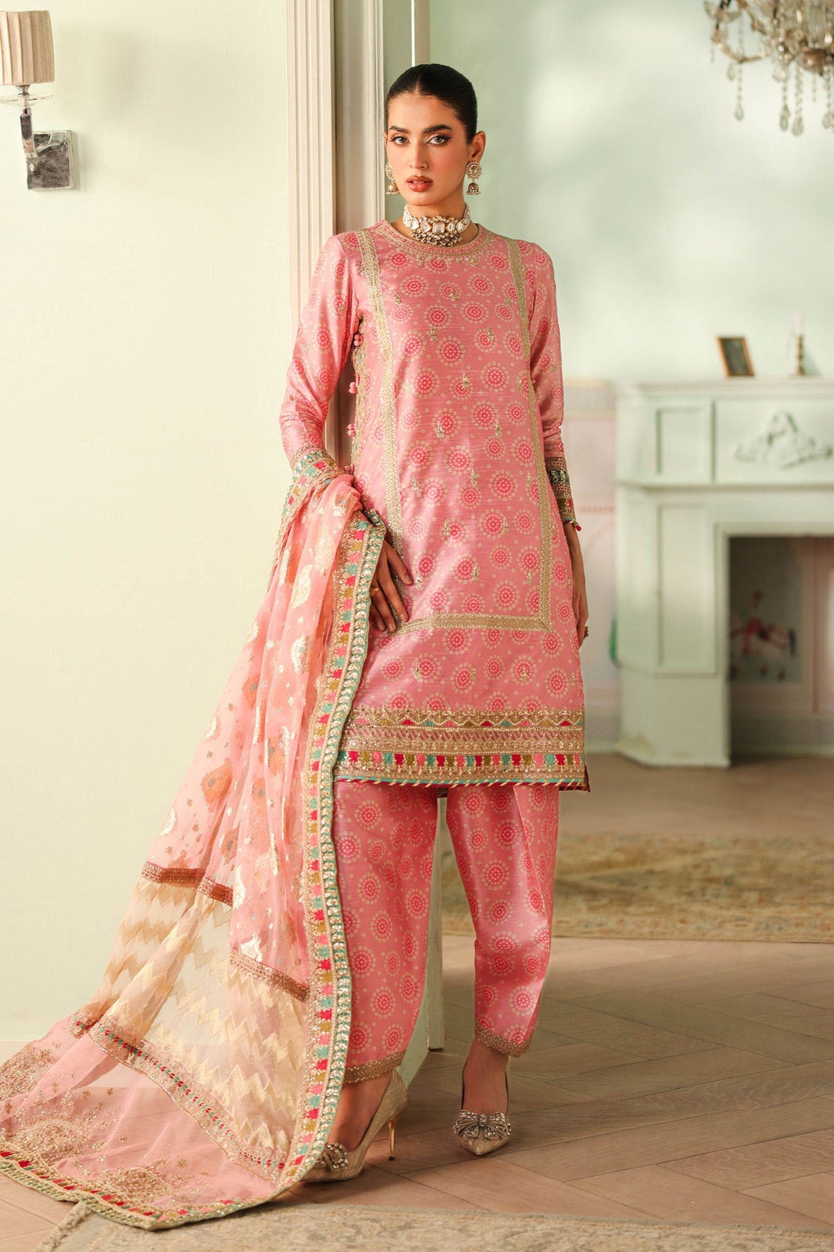 Maria B | RTW | 3 Piece Embroidered Raw Silk Suit-Brand:Maria B-Type:Luxury Formals-Pink - House of Maryam- Buy in UK, USA