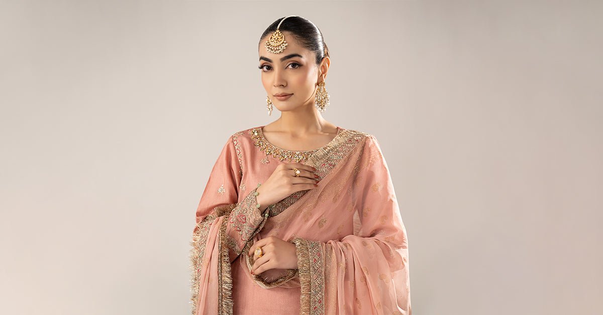 Maria B | RTW | 3 Piece Embroidered Raw Silk Suit-Brand:Maria B-Type:Luxury Formals-Pink - House of Maryam- Buy in UK, USA