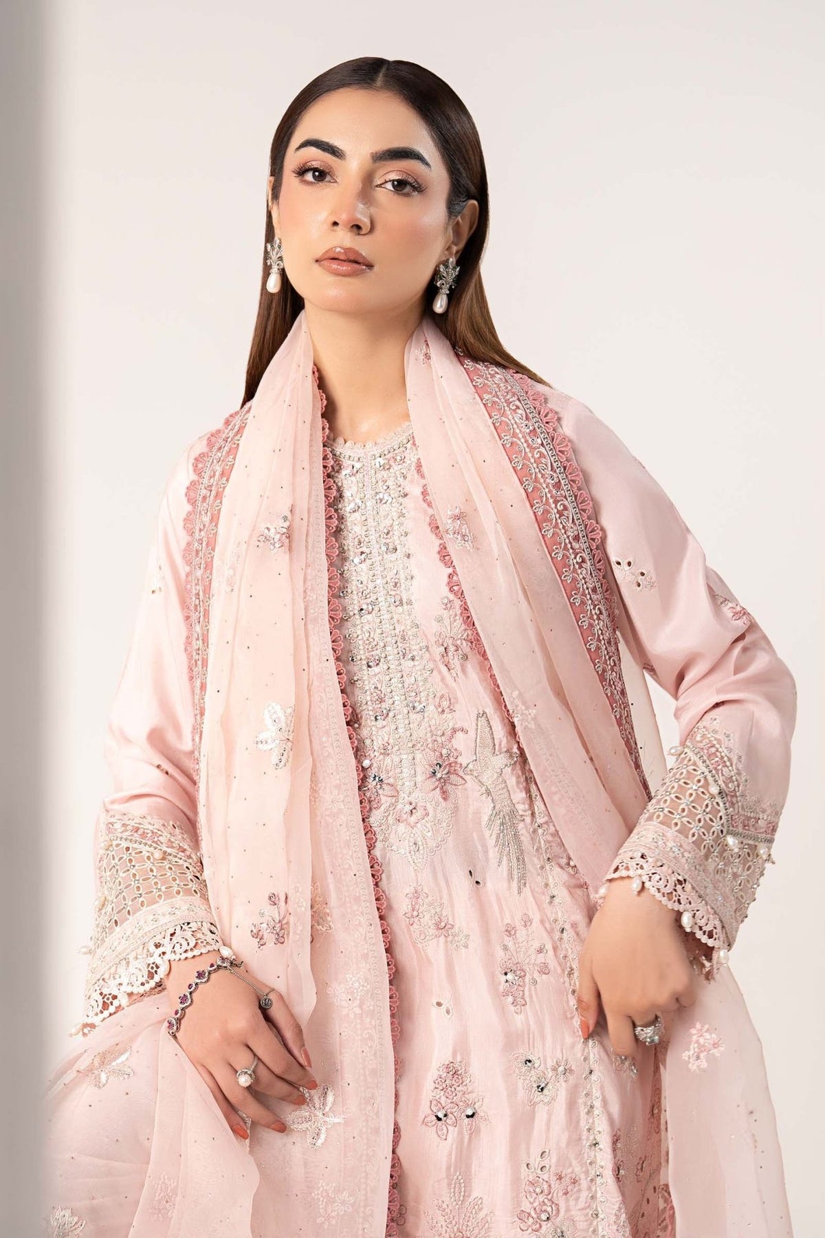 Maria B | RTW | 3 Piece Embroidered Raw Silk Suit-Brand:Maria B-Type:Luxury Formals-Pink - House of Maryam- Buy in UK, USA