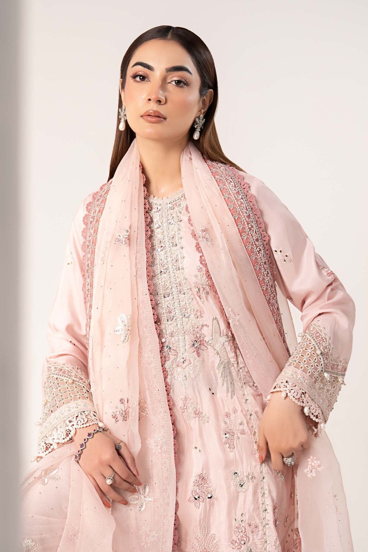 Maria B | RTW | 3 Piece Embroidered Raw Silk Suit-Brand:Maria B-Type:Luxury Formals-Pink - House of Maryam- Buy in UK, USA
