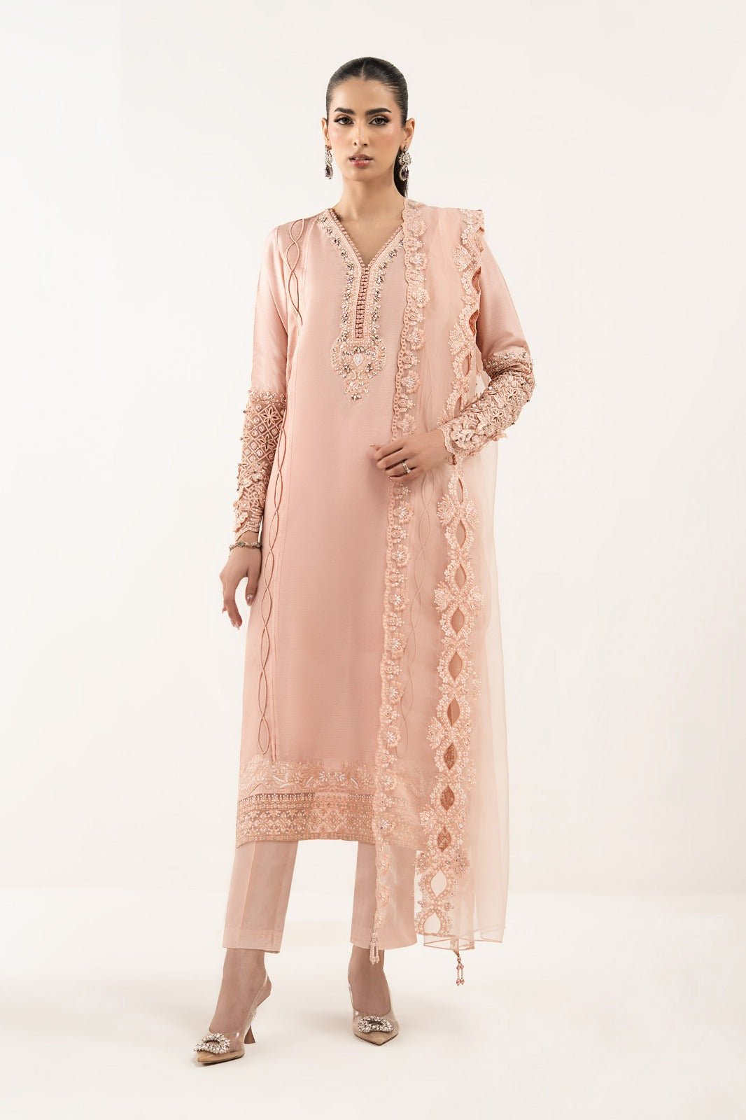 Maria B | RTW | 3 Piece Embroidered Raw Silk Suit-Brand:Maria B-Type:Luxury Formals-Pink - House of Maryam- Buy in UK, USA