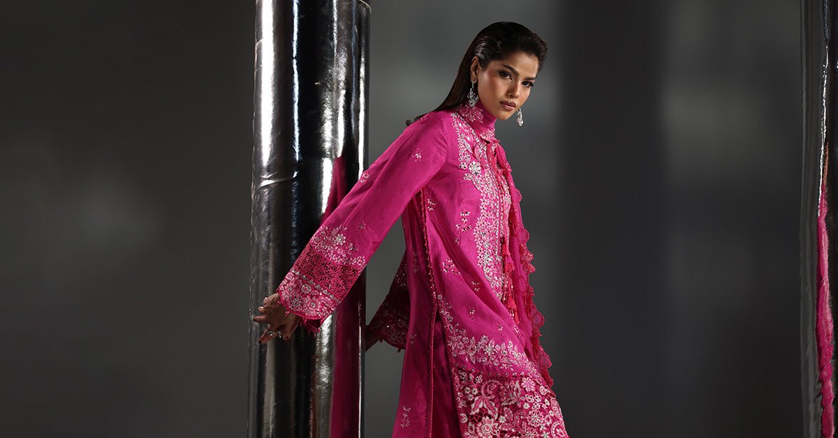 Maria B | RTW | 3 Piece Embroidered Raw Silk Suit-Brand:Maria B-Type:Luxury Formals-Pink - House of Maryam- Buy in UK, USA
