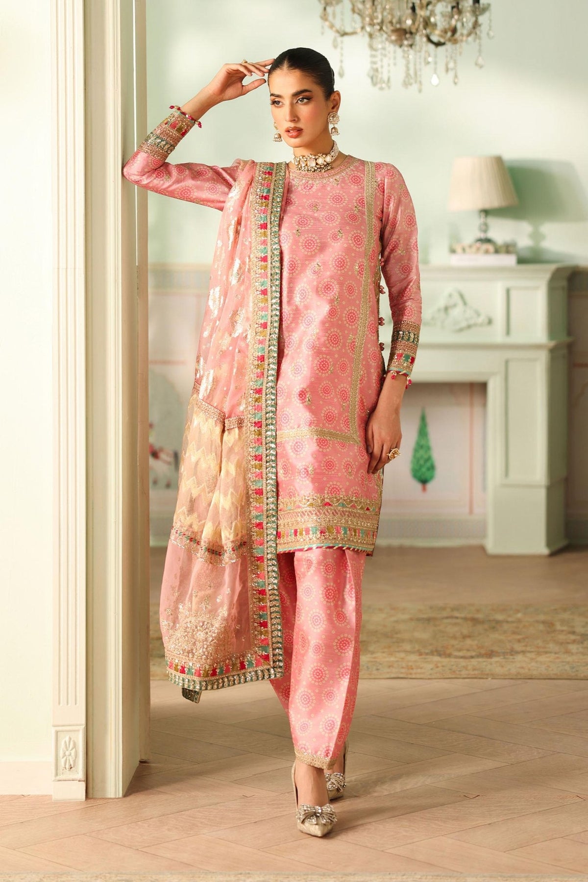Maria B | RTW | 3 Piece Embroidered Raw Silk Suit-Brand:Maria B-Type:Luxury Formals-Pink - House of Maryam- Buy in UK, USA