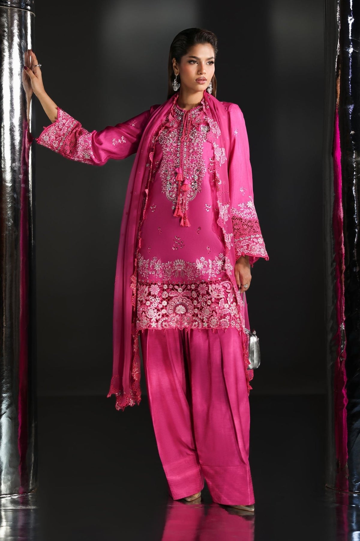 Maria B | RTW | 3 Piece Embroidered Raw Silk Suit-Brand:Maria B-Type:Luxury Formals-Pink - House of Maryam- Buy in UK, USA