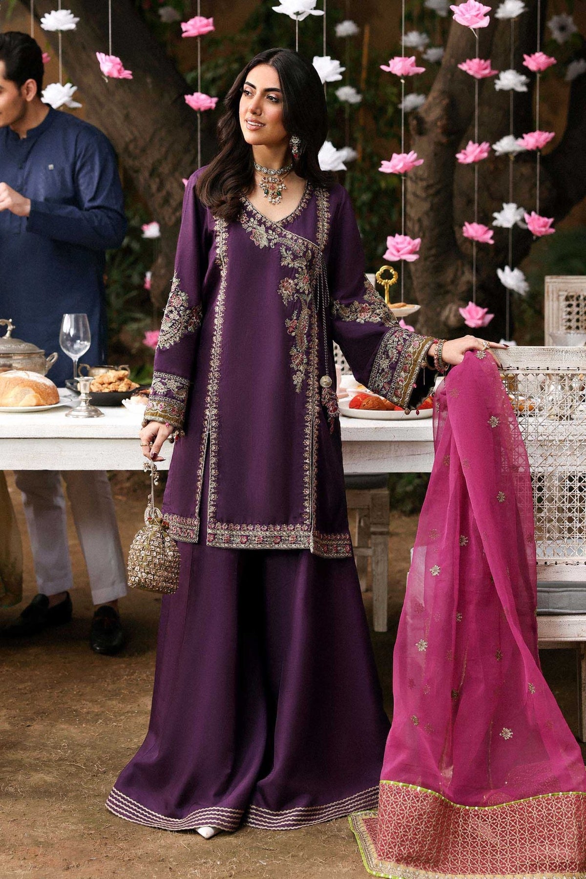 Maria B | RTW | 3 Piece Embroidered Raw Silk Suit-Brand:Maria B-Type:Luxury Formals-Purple - House of Maryam- Buy in UK, USA