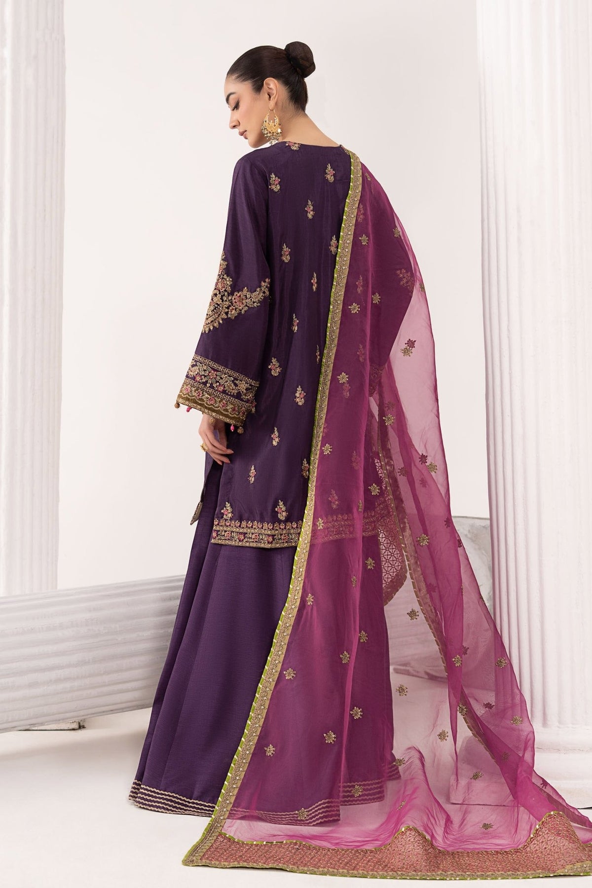 Maria B | RTW | 3 Piece Embroidered Raw Silk Suit-Brand:Maria B-Type:Luxury Formals-Purple - House of Maryam- Buy in UK, USA