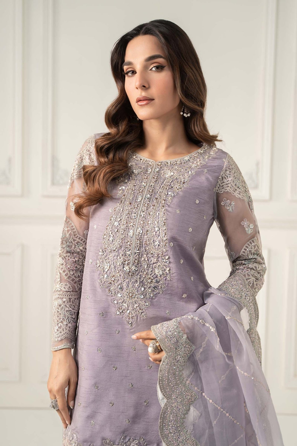 Maria B | RTW | 3 Piece Embroidered Raw Silk Suit-Brand:Maria B-Type:Luxury Formals-Purple - House of Maryam- Buy in UK, USA