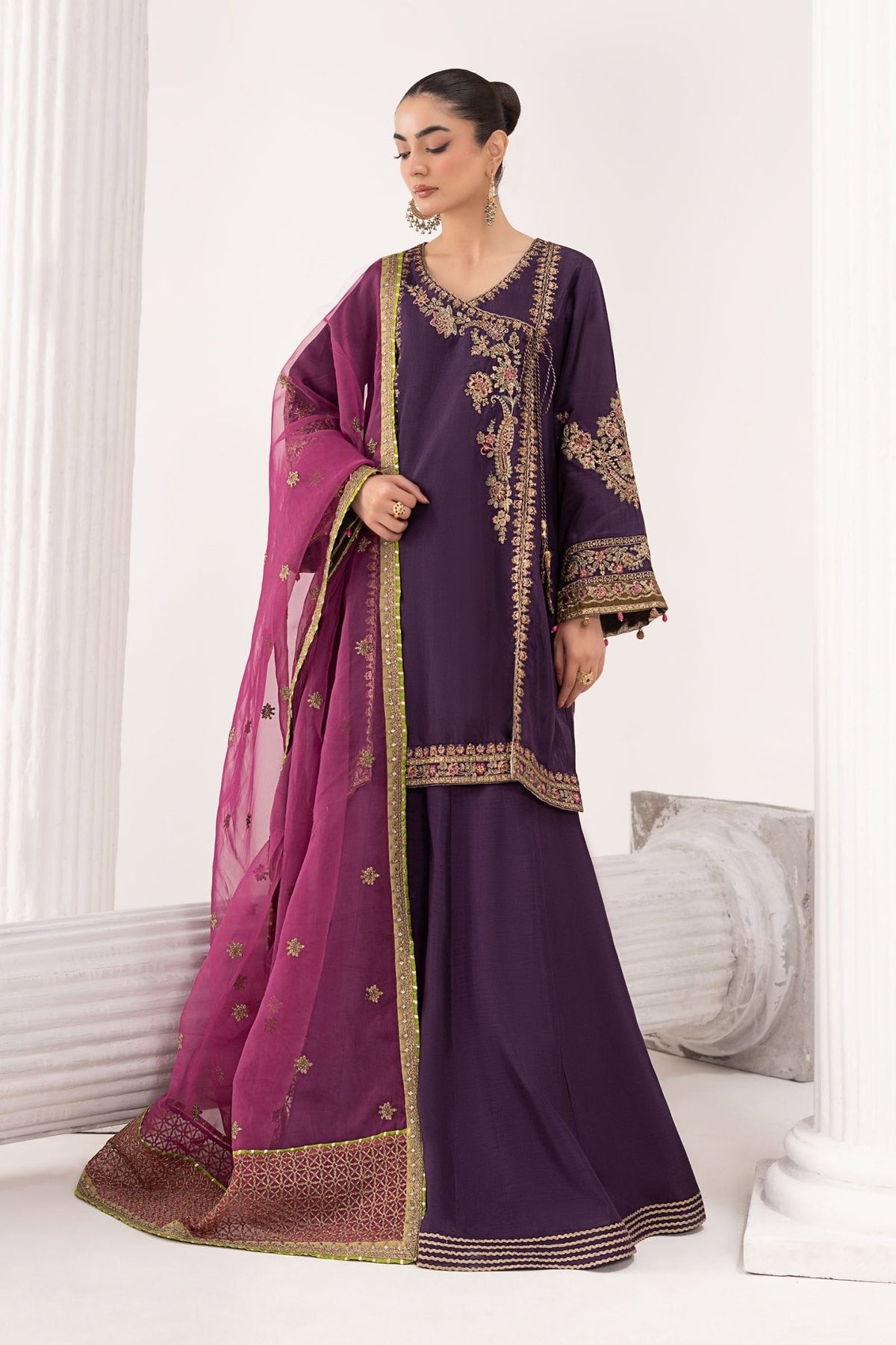 Maria B | RTW | 3 Piece Embroidered Raw Silk Suit-Brand:Maria B-Type:Luxury Formals-Purple - House of Maryam- Buy in UK, USA