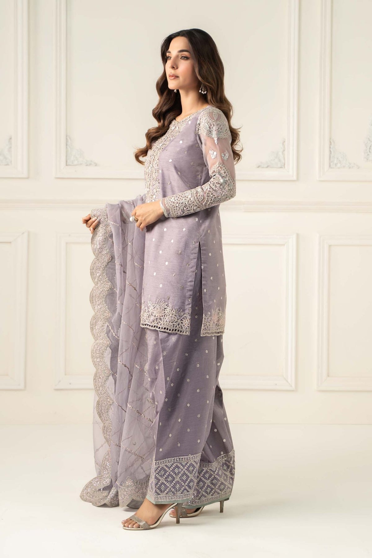 Maria B | RTW | 3 Piece Embroidered Raw Silk Suit-Brand:Maria B-Type:Luxury Formals-Purple - House of Maryam- Buy in UK, USA