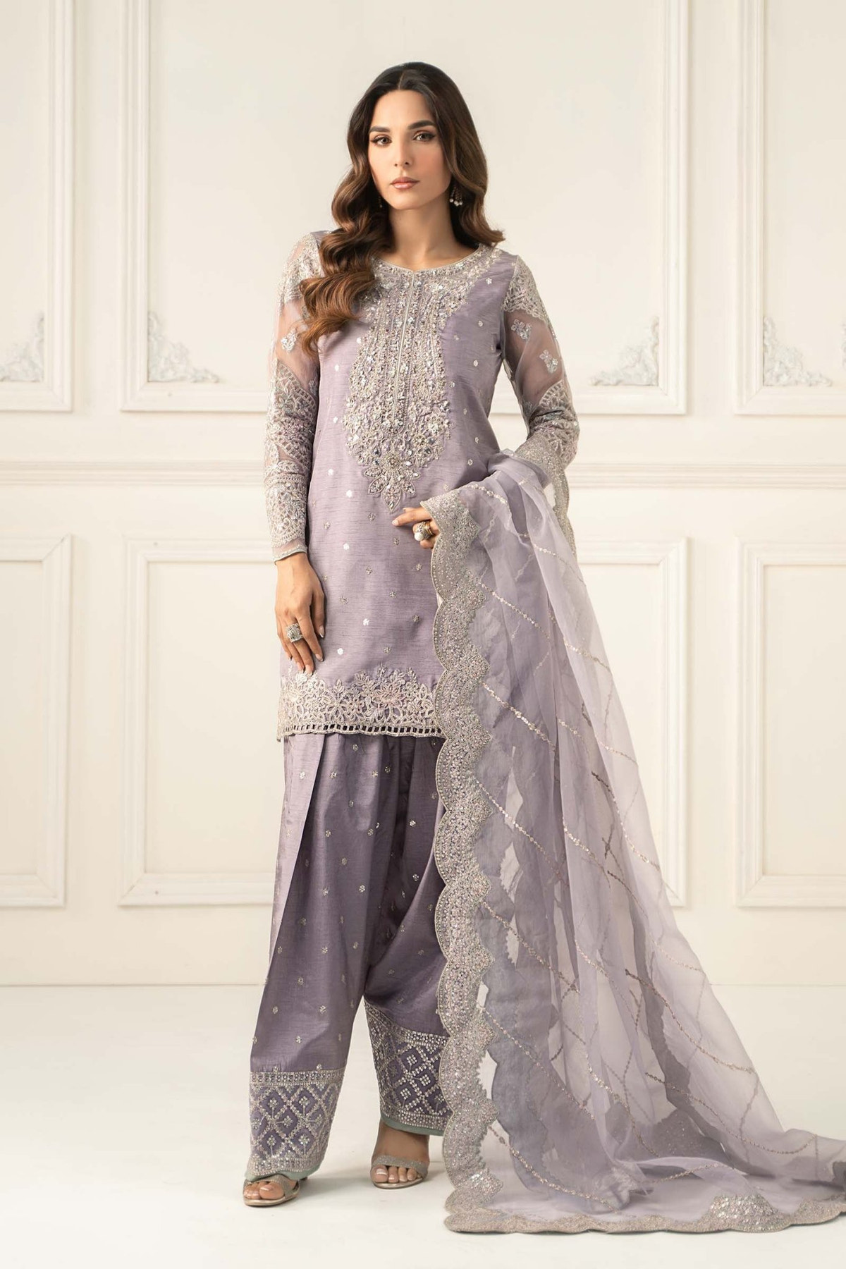 Maria B | RTW | 3 Piece Embroidered Raw Silk Suit-Brand:Maria B-Type:Luxury Formals-Purple - House of Maryam- Buy in UK, USA