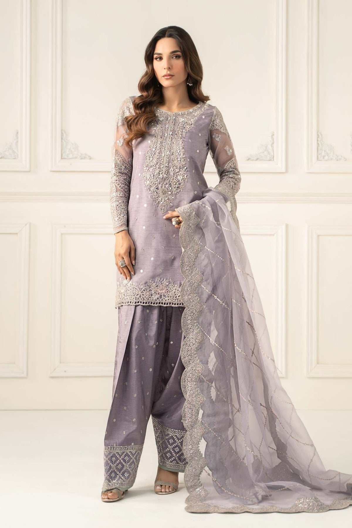 Maria B | RTW | 3 Piece Embroidered Raw Silk Suit-Brand:Maria B-Type:Luxury Formals-Purple - House of Maryam- Buy in UK, USA