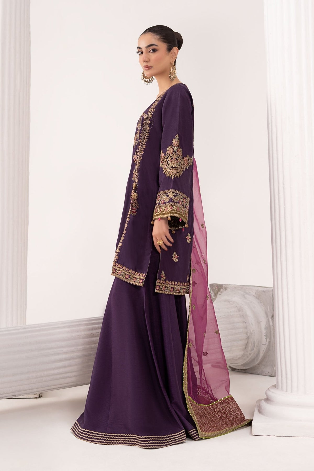 Maria B | RTW | 3 Piece Embroidered Raw Silk Suit-Brand:Maria B-Type:Luxury Formals-Purple - House of Maryam- Buy in UK, USA