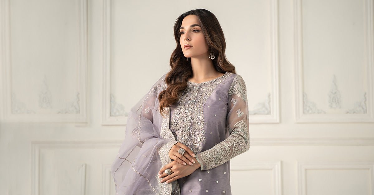 Maria B | RTW | 3 Piece Embroidered Raw Silk Suit-Brand:Maria B-Type:Luxury Formals-Purple - House of Maryam- Buy in UK, USA
