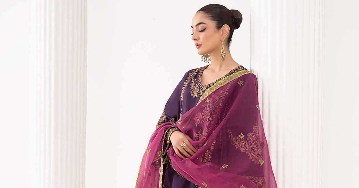 Maria B | RTW | 3 Piece Embroidered Raw Silk Suit-Brand:Maria B-Type:Luxury Formals-Purple - House of Maryam- Buy in UK, USA