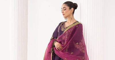 Maria B | RTW | 3 Piece Embroidered Raw Silk Suit-Brand:Maria B-Type:Luxury Formals-Purple - House of Maryam- Buy in UK, USA