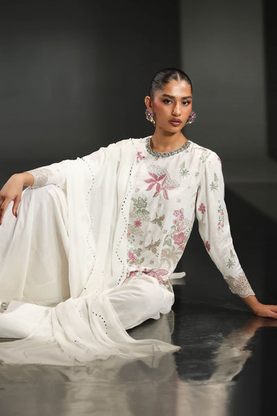 Maria B | RTW | 3 Piece Embroidered Raw Silk Suit-Brand:Maria B-Type:Luxury Formals-White - House of Maryam- Buy in UK, USA