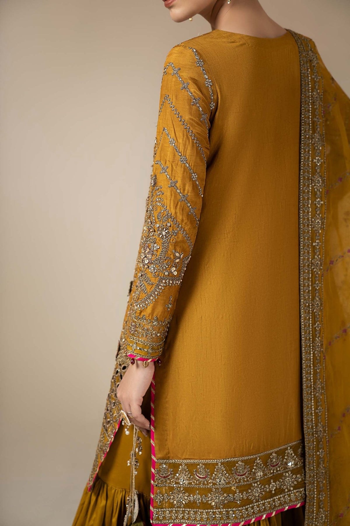 Maria B | RTW | 3 Piece Embroidered Raw Silk Suit-Brand:Maria B-Type:Luxury Formals-Yellow - House of Maryam- Buy in UK, USA