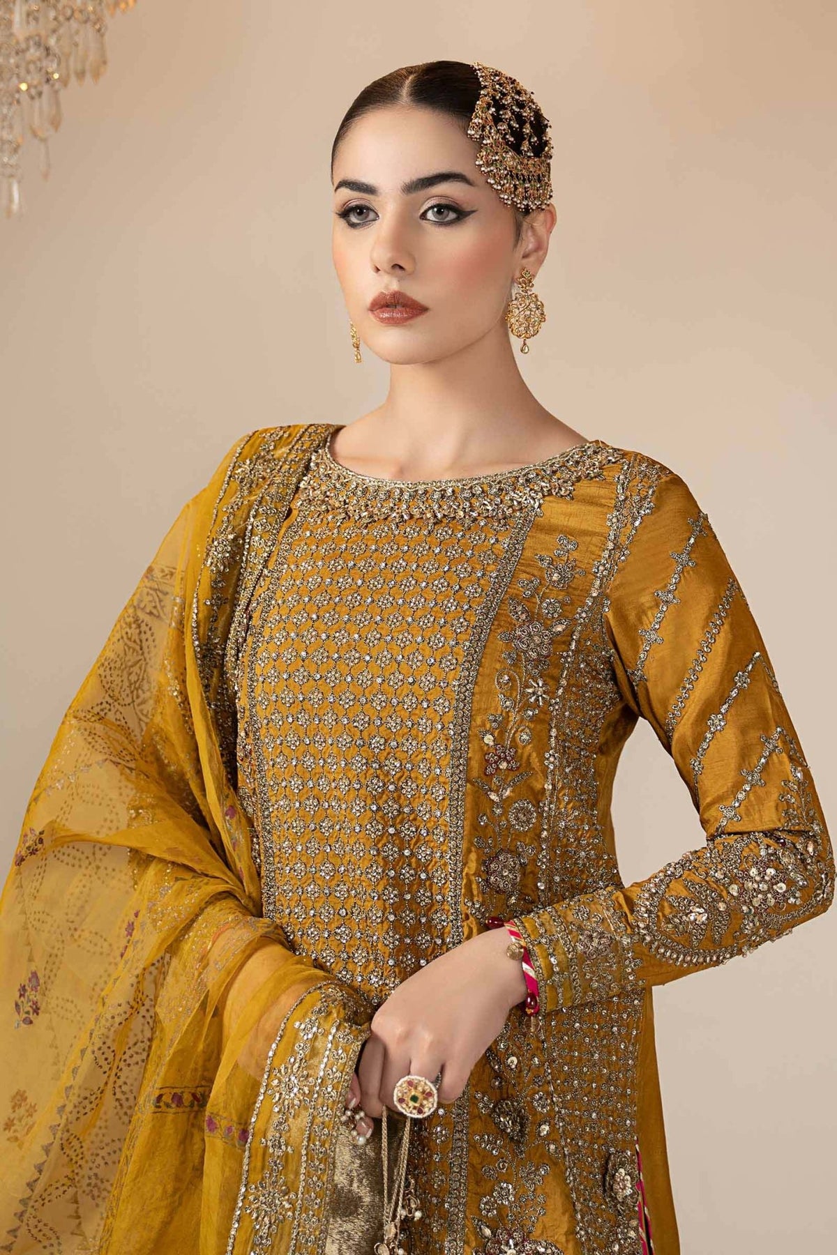 Maria B | RTW | 3 Piece Embroidered Raw Silk Suit-Brand:Maria B-Type:Luxury Formals-Yellow - House of Maryam- Buy in UK, USA