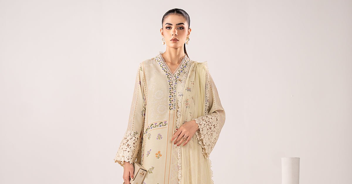 Maria B | RTW | 3 Piece Embroidered Raw Silk Suit-Brand:Maria B-Type:Luxury Pret-Yellow - House of Maryam- Buy in UK, USA