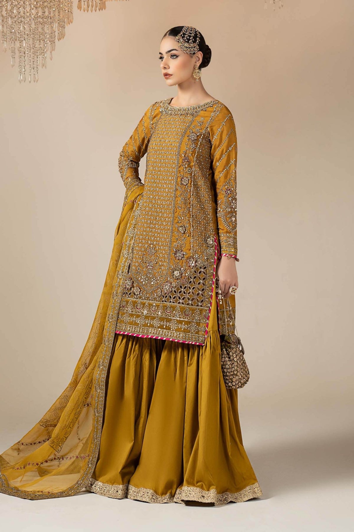 Maria B | RTW | 3 Piece Embroidered Raw Silk Suit-Brand:Maria B-Type:Luxury Formals-Yellow - House of Maryam- Buy in UK, USA