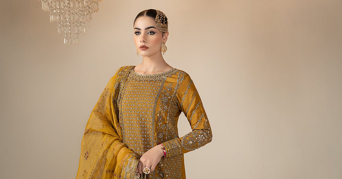 Maria B | RTW | 3 Piece Embroidered Raw Silk Suit-Brand:Maria B-Type:Luxury Formals-Yellow - House of Maryam- Buy in UK, USA