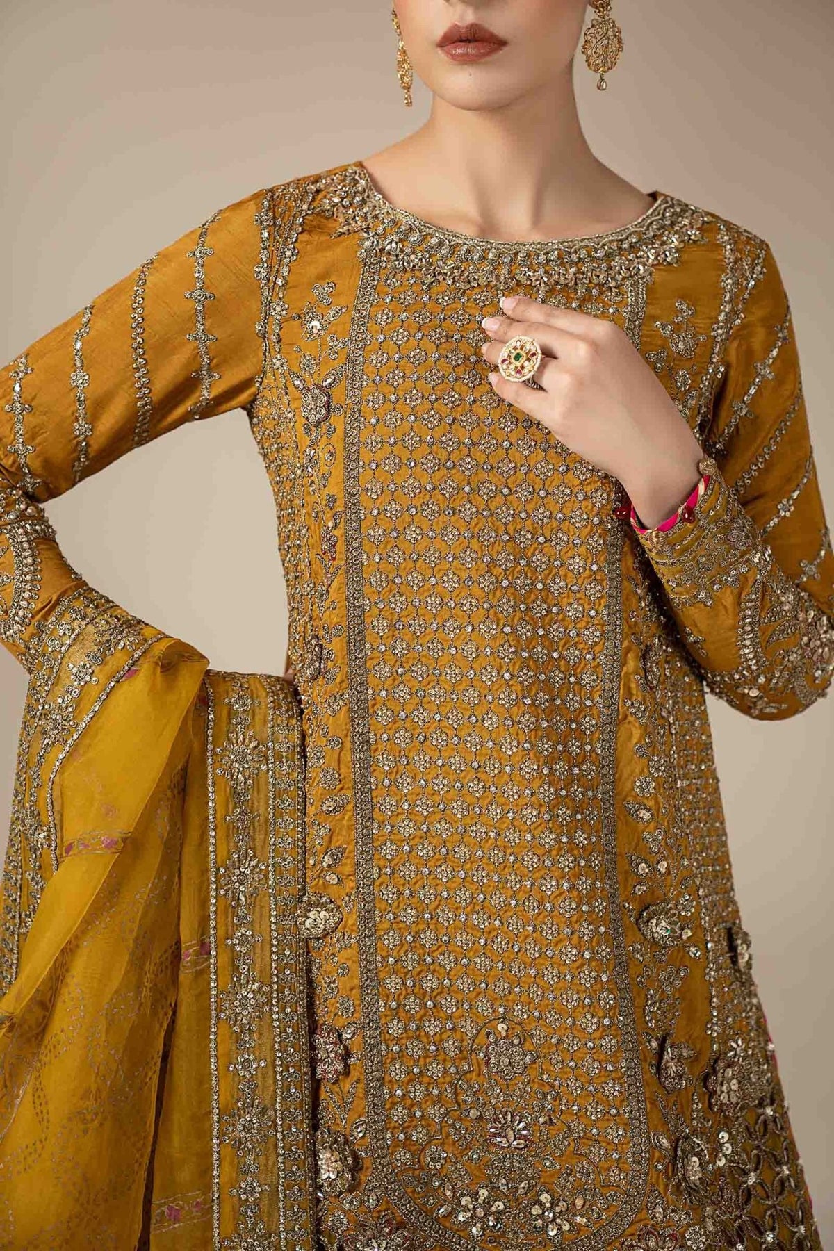 Maria B | RTW | 3 Piece Embroidered Raw Silk Suit-Brand:Maria B-Type:Luxury Formals-Yellow - House of Maryam- Buy in UK, USA