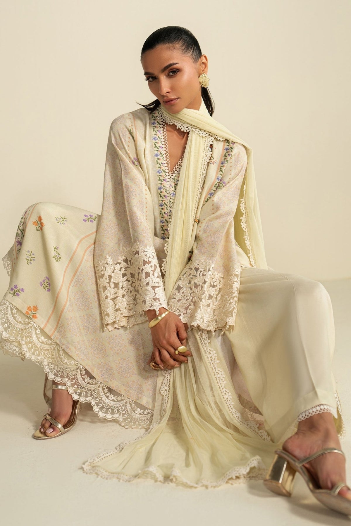 Maria B | RTW | 3 Piece Embroidered Raw Silk Suit-Brand:Maria B-Type:Luxury Pret-Yellow - House of Maryam- Buy in UK, USA