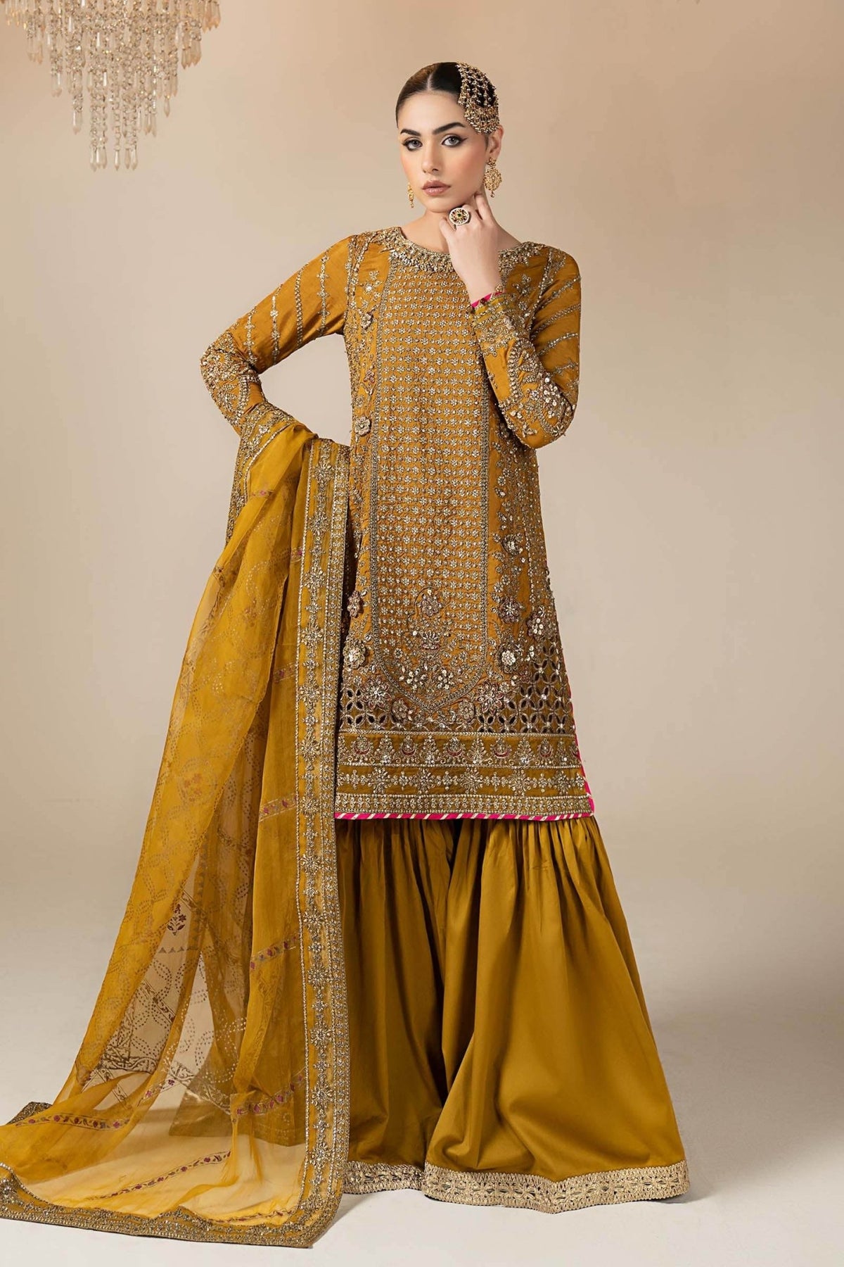 Maria B | RTW | 3 Piece Embroidered Raw Silk Suit-Brand:Maria B-Type:Luxury Formals-Yellow - House of Maryam- Buy in UK, USA