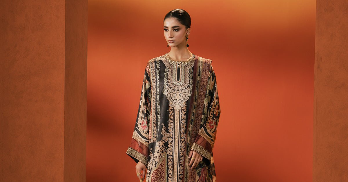 Maria B | RTW | 3 Piece Embroidered Satin Silk Suit-Brand:Maria B-Type:Luxury Formals-Black - House of Maryam- Buy in UK, USA
