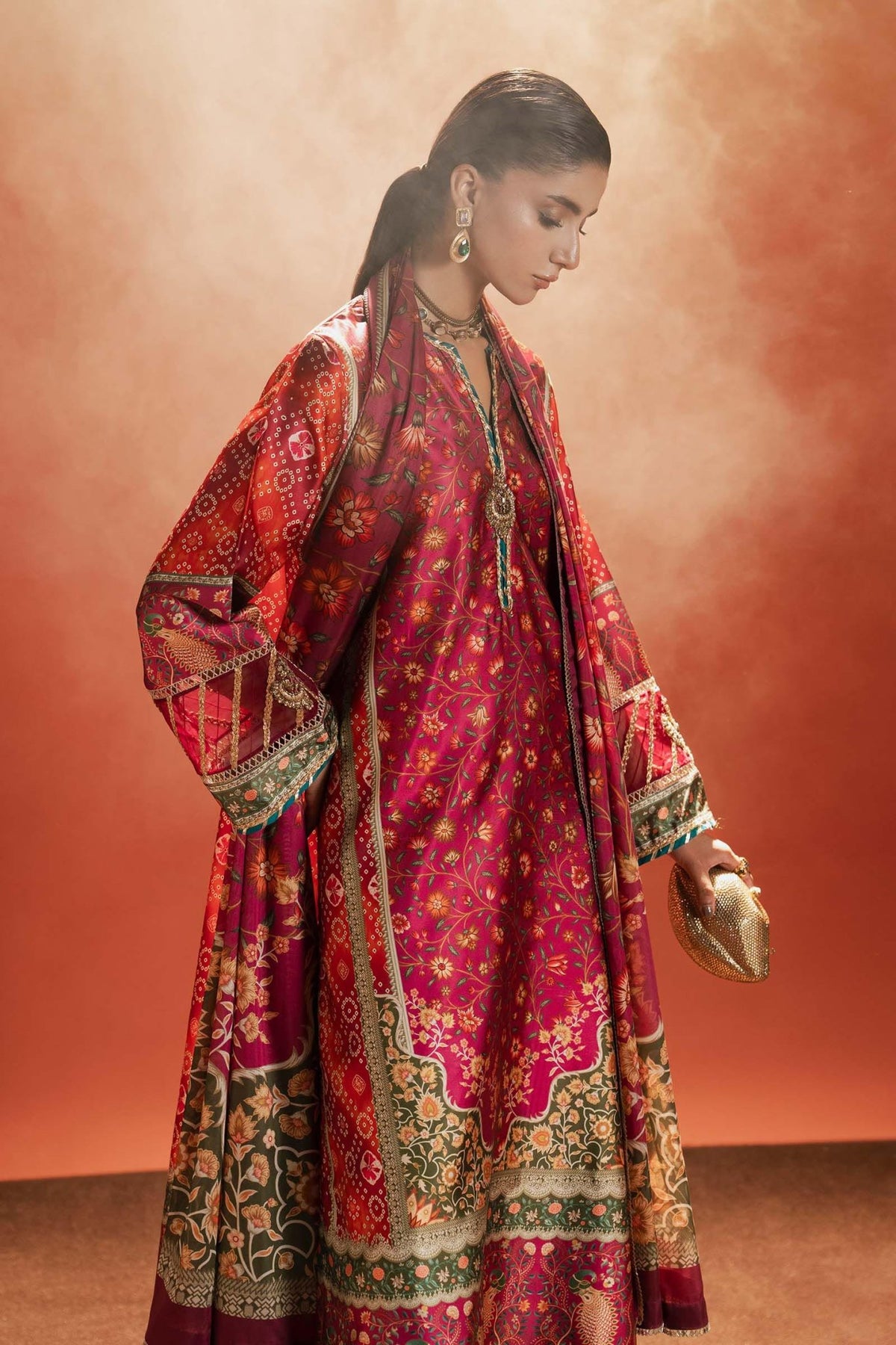 Maria B | RTW | 3 Piece Embroidered Satin Silk Suit-Brand:Maria B-Type:Luxury Formals-Orange - House of Maryam- Buy in UK, USA