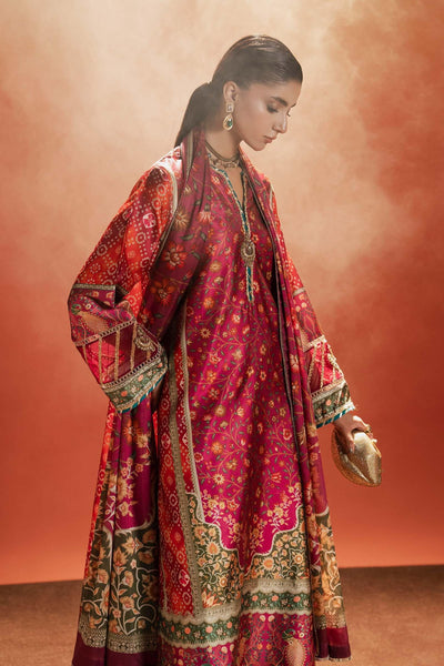 Maria B | RTW | 3 Piece Embroidered Satin Silk Suit-Brand:Maria B-Type:Luxury Formals-Orange - House of Maryam- Buy in UK, USA