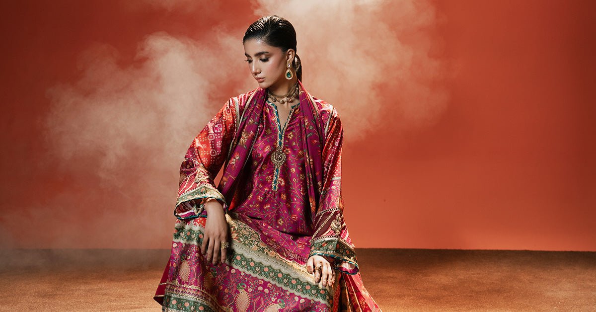 Maria B | RTW | 3 Piece Embroidered Satin Silk Suit-Brand:Maria B-Type:Luxury Formals-Orange - House of Maryam- Buy in UK, USA